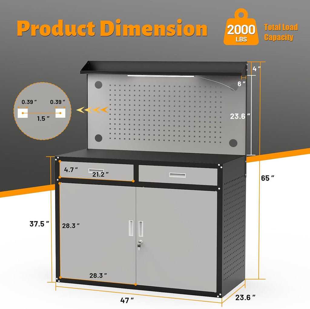 65 Inch Heavy Duty Storage Workbench with Pegboard & LED Light