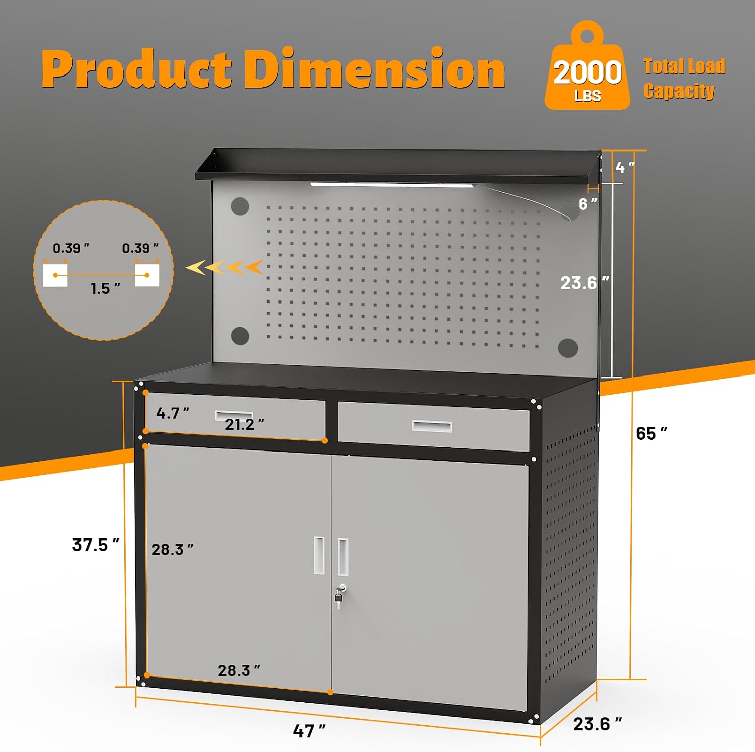 65 Inch Heavy Duty Storage Workbench with Pegboard & LED Light