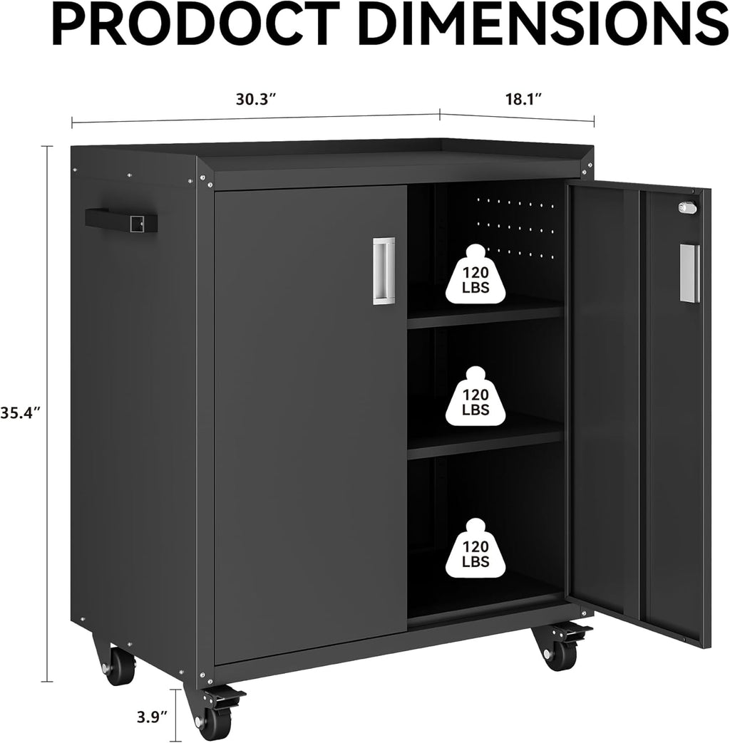 Black Rolling 2-Door Garage Storage Cabinet