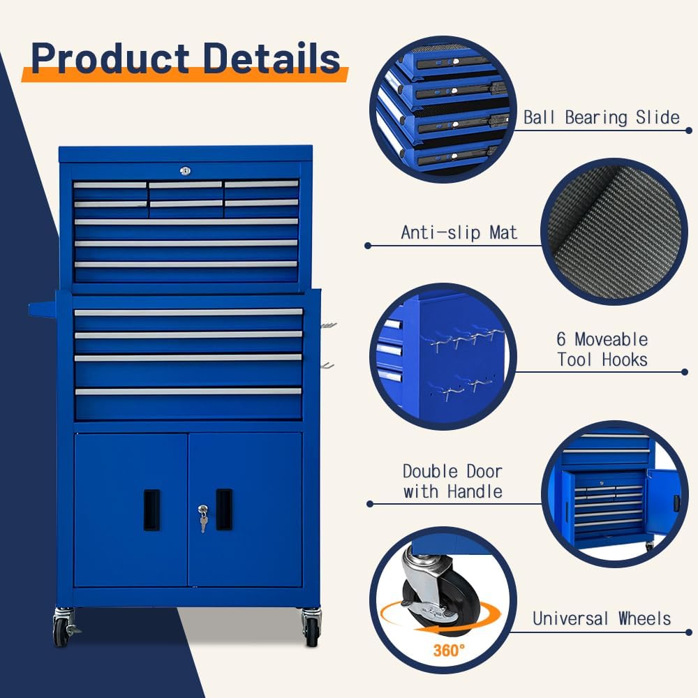 Blue 2-in-1 Rolling 13 Drawer Tool Chest