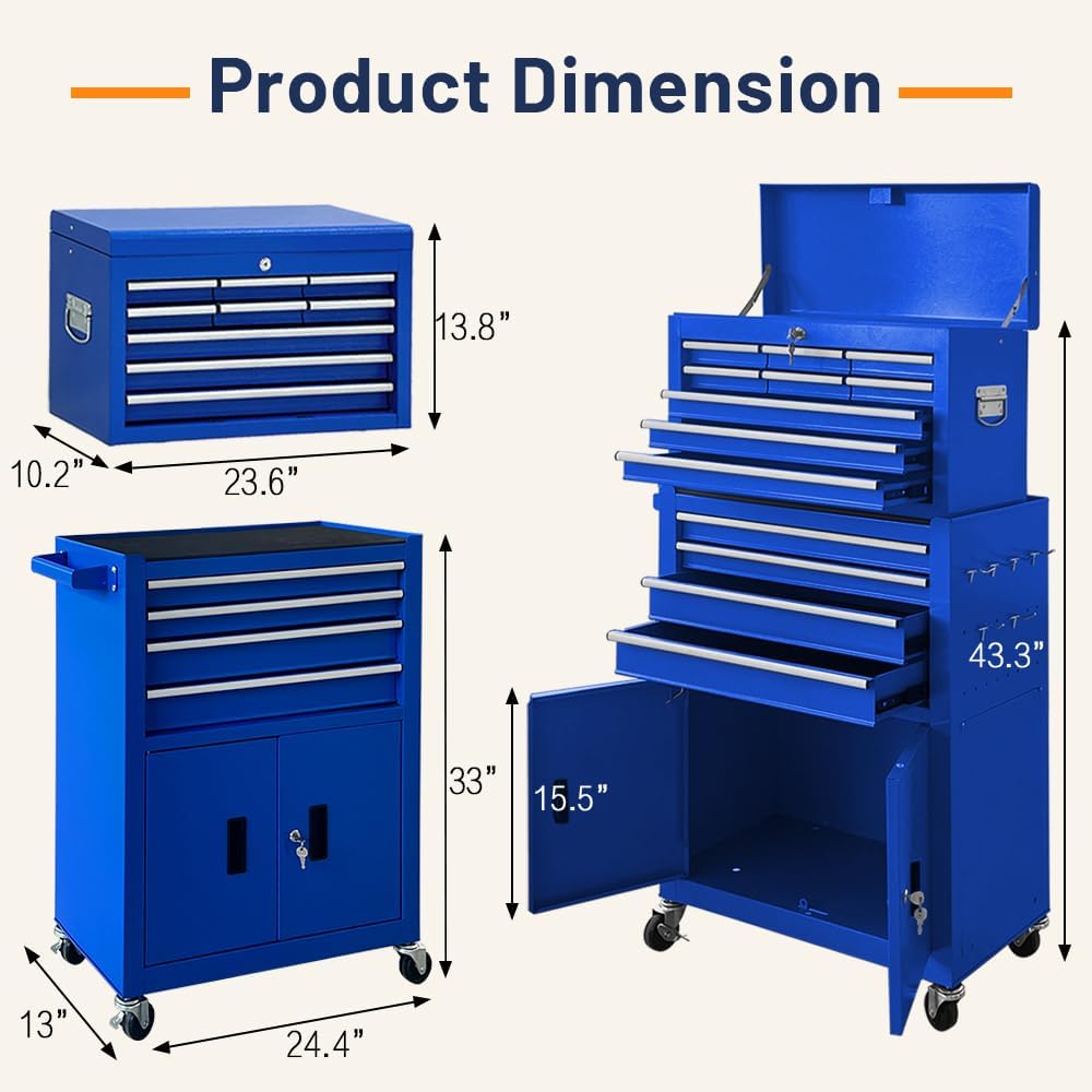 Blue 2-in-1 Rolling 13 Drawer Tool Chest