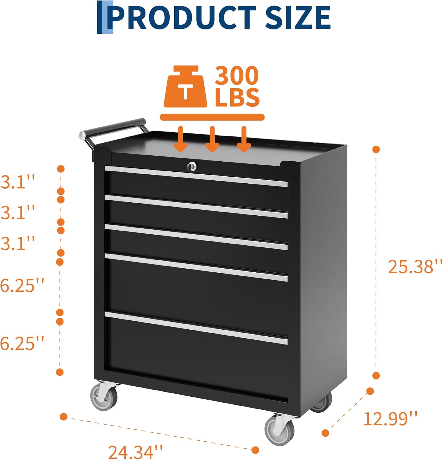 Rolling 5 Drawer Black Lockable Tool Chest