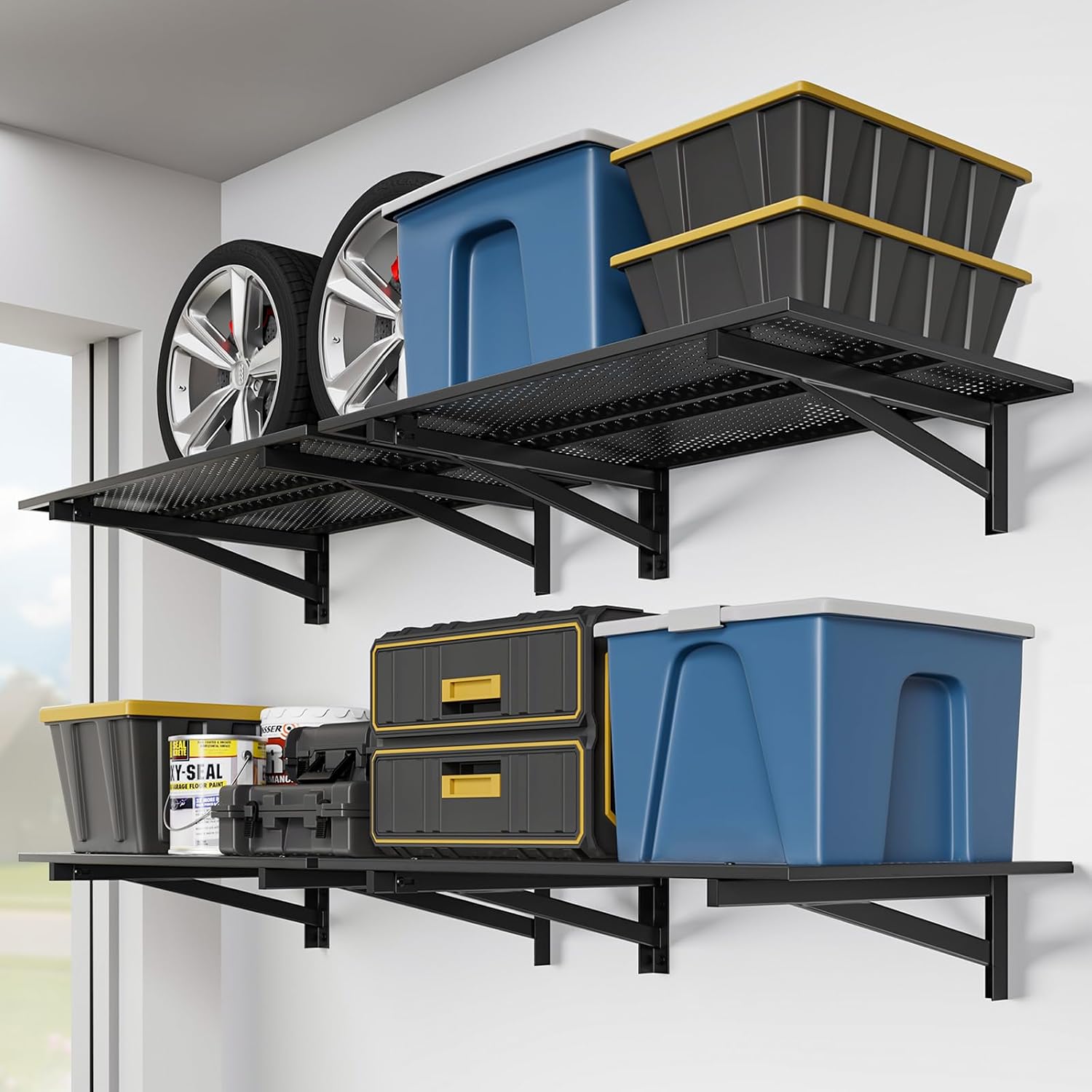 4pc Black Heavy Duty Garage Wall Shelves