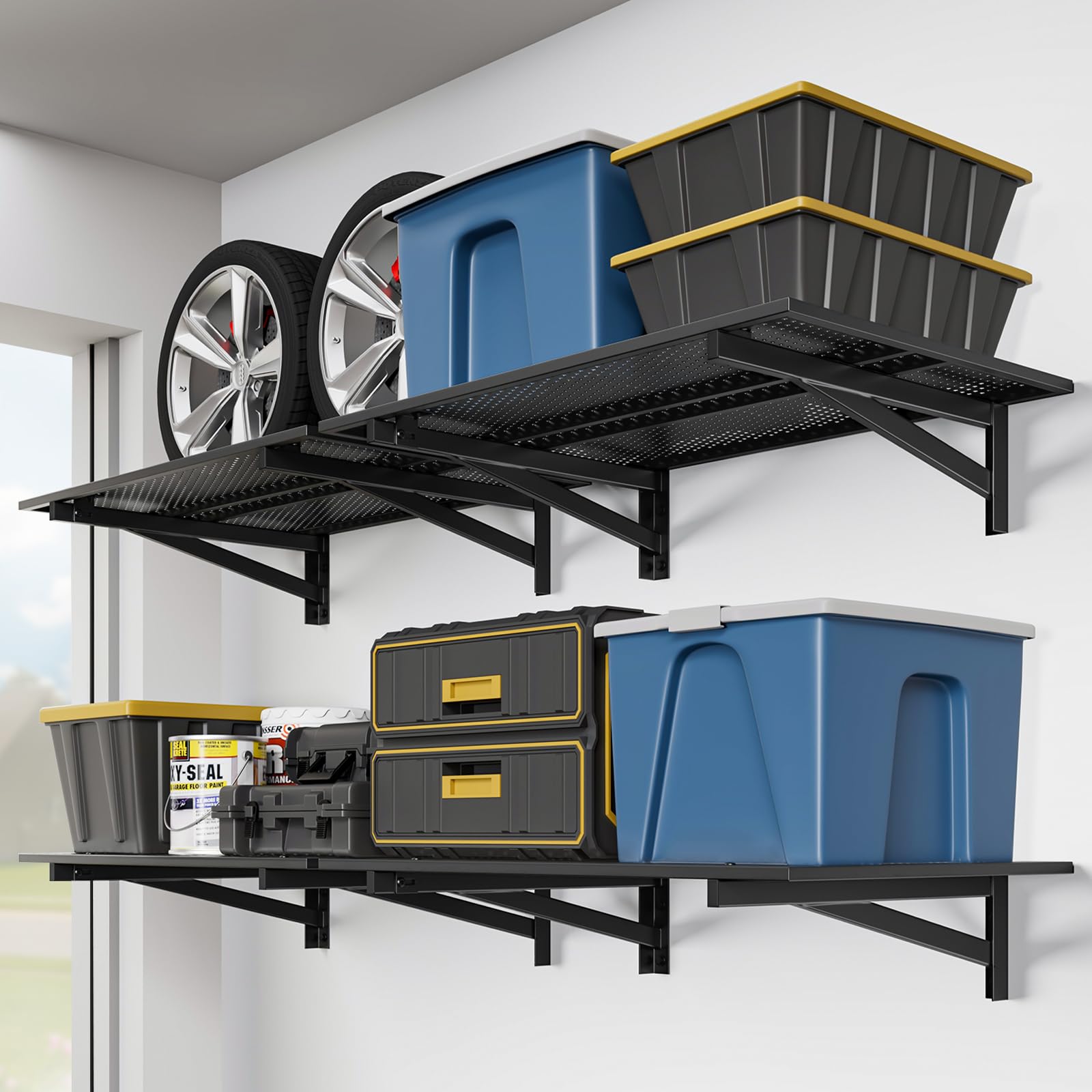 4pc Black Heavy Duty Garage Wall Shelves