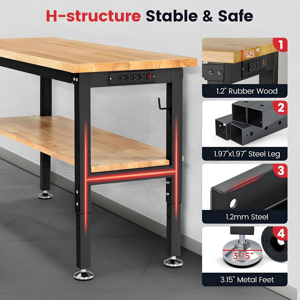 Adjustable Height Rubberwood Top Workbench with Pegboard