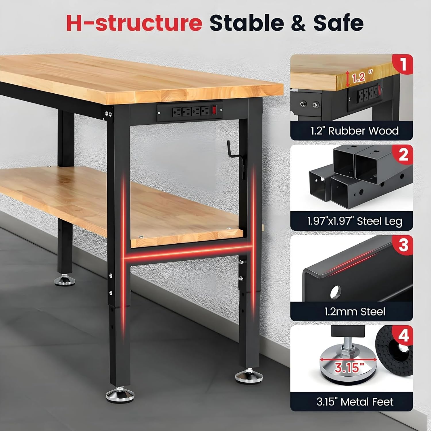 Adjustable Height Rubberwood Top Workbench with Pegboard