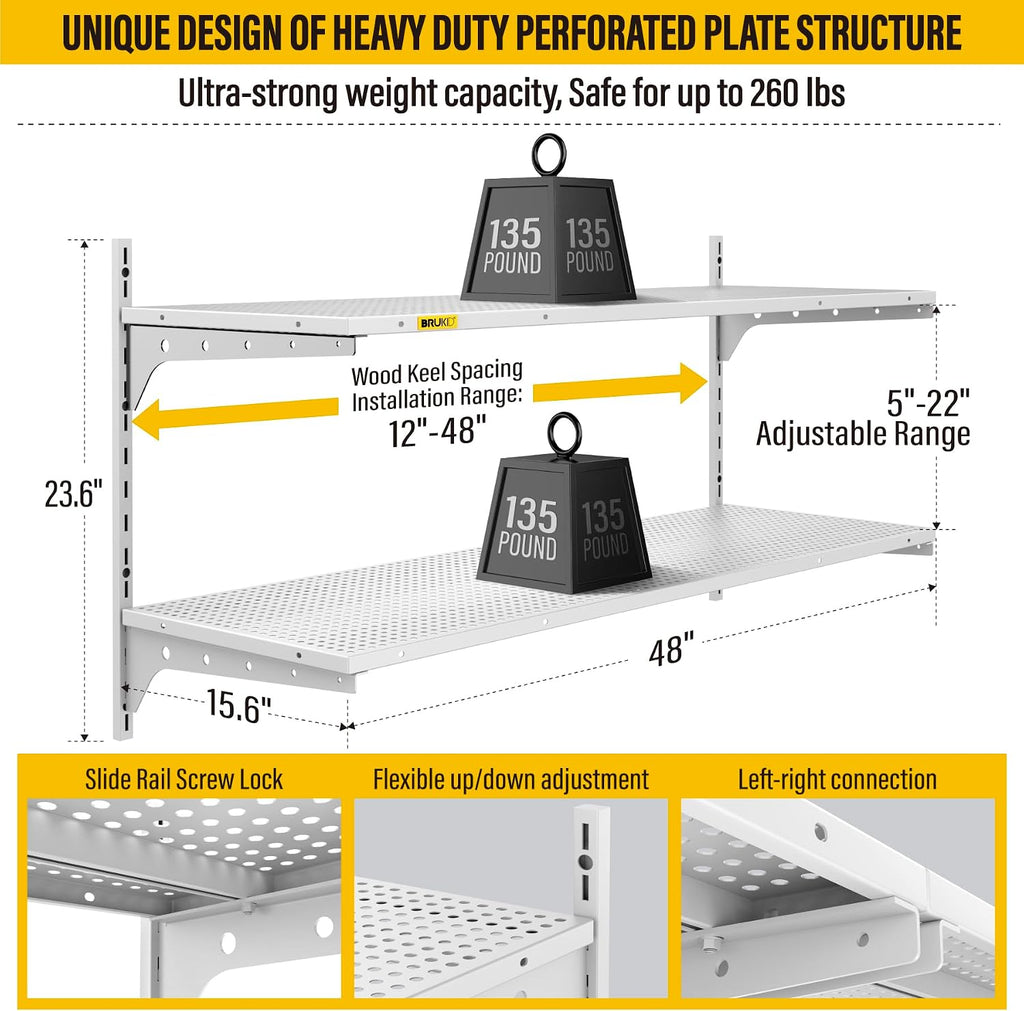 White 2-Tier Adjustable Wall Mount Garage Floating Shelves