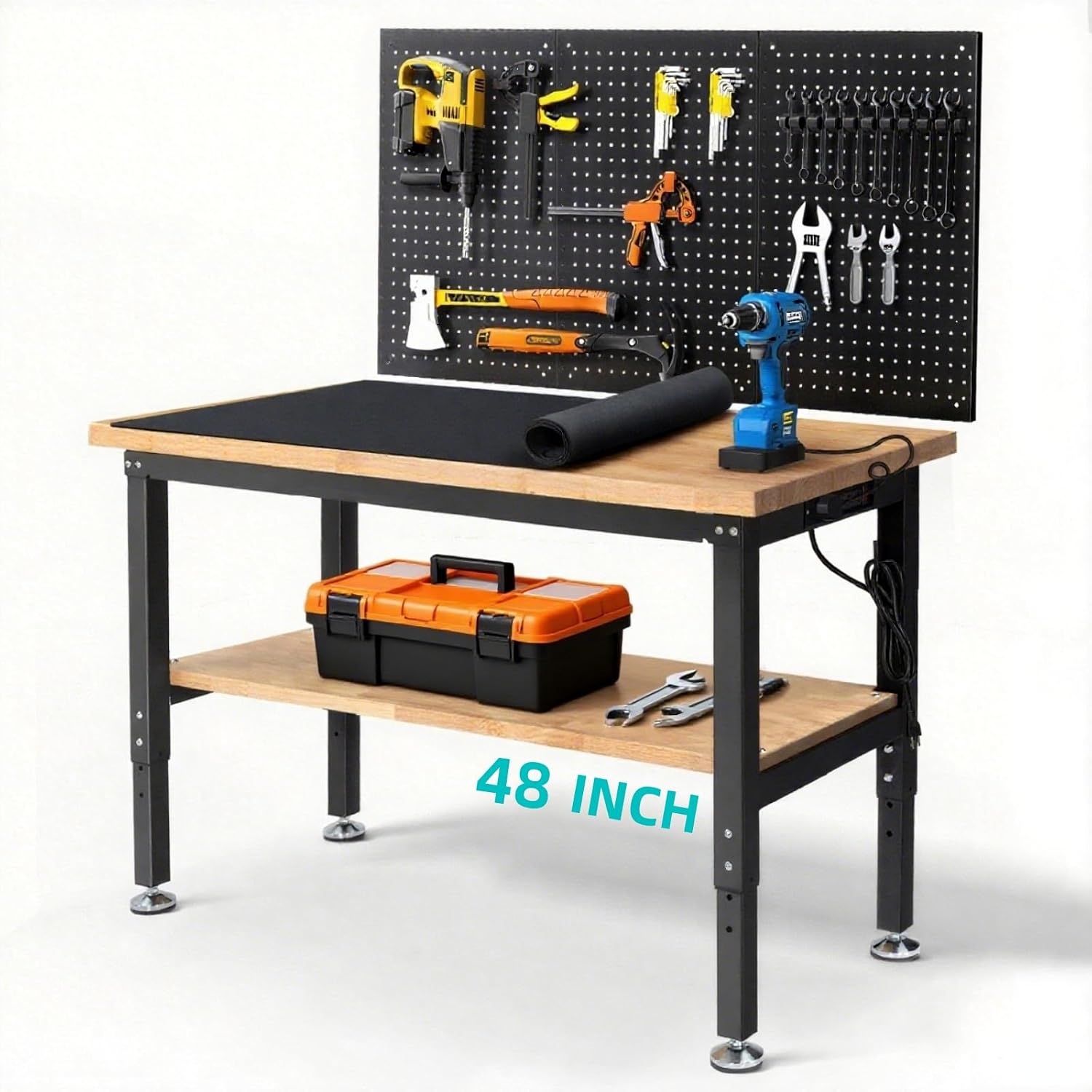 Adjustable Height Rubberwood Top Workbench with Pegboard