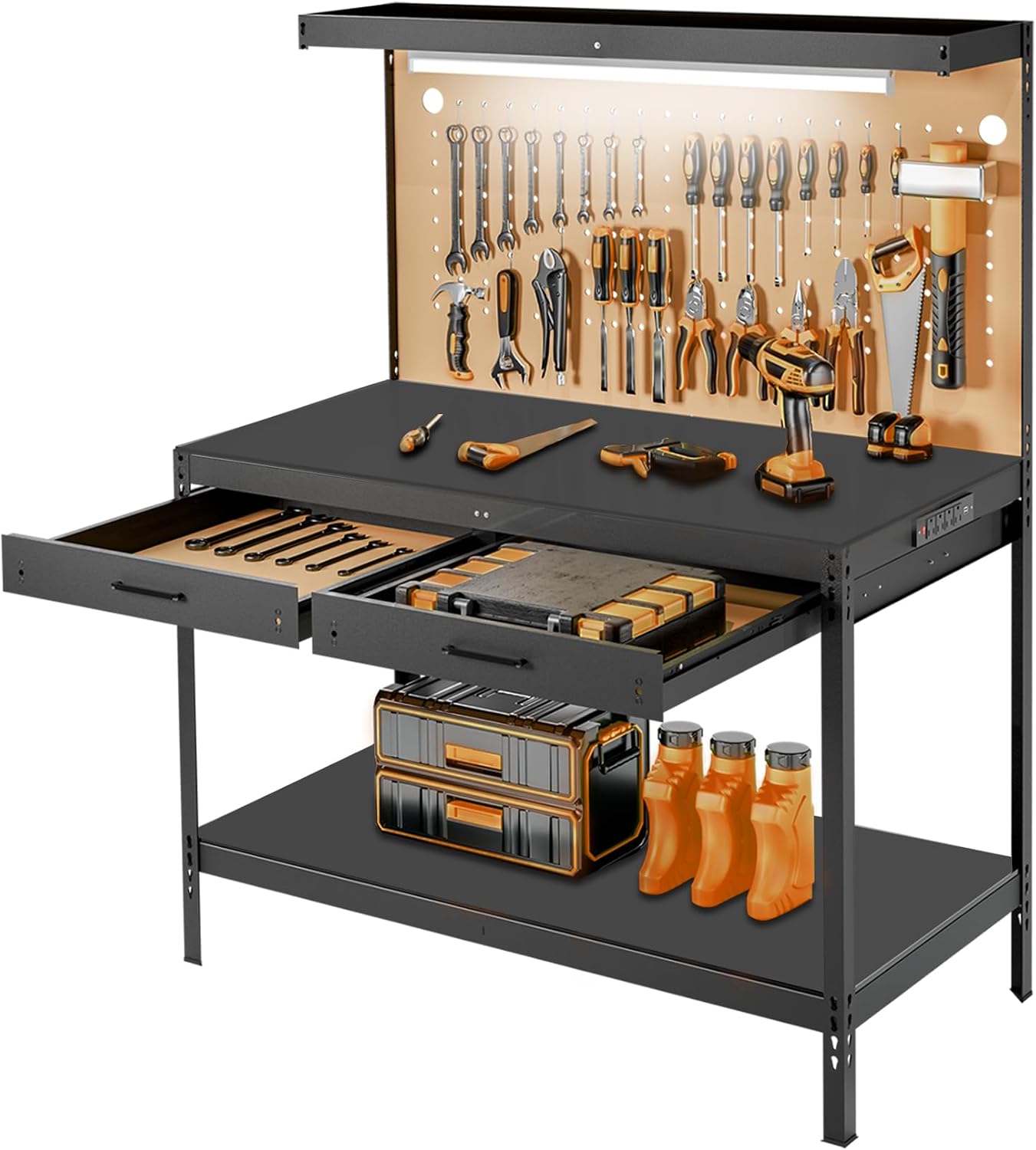 Heavy Duty Garage Workbench with Drawers & Pegboard
