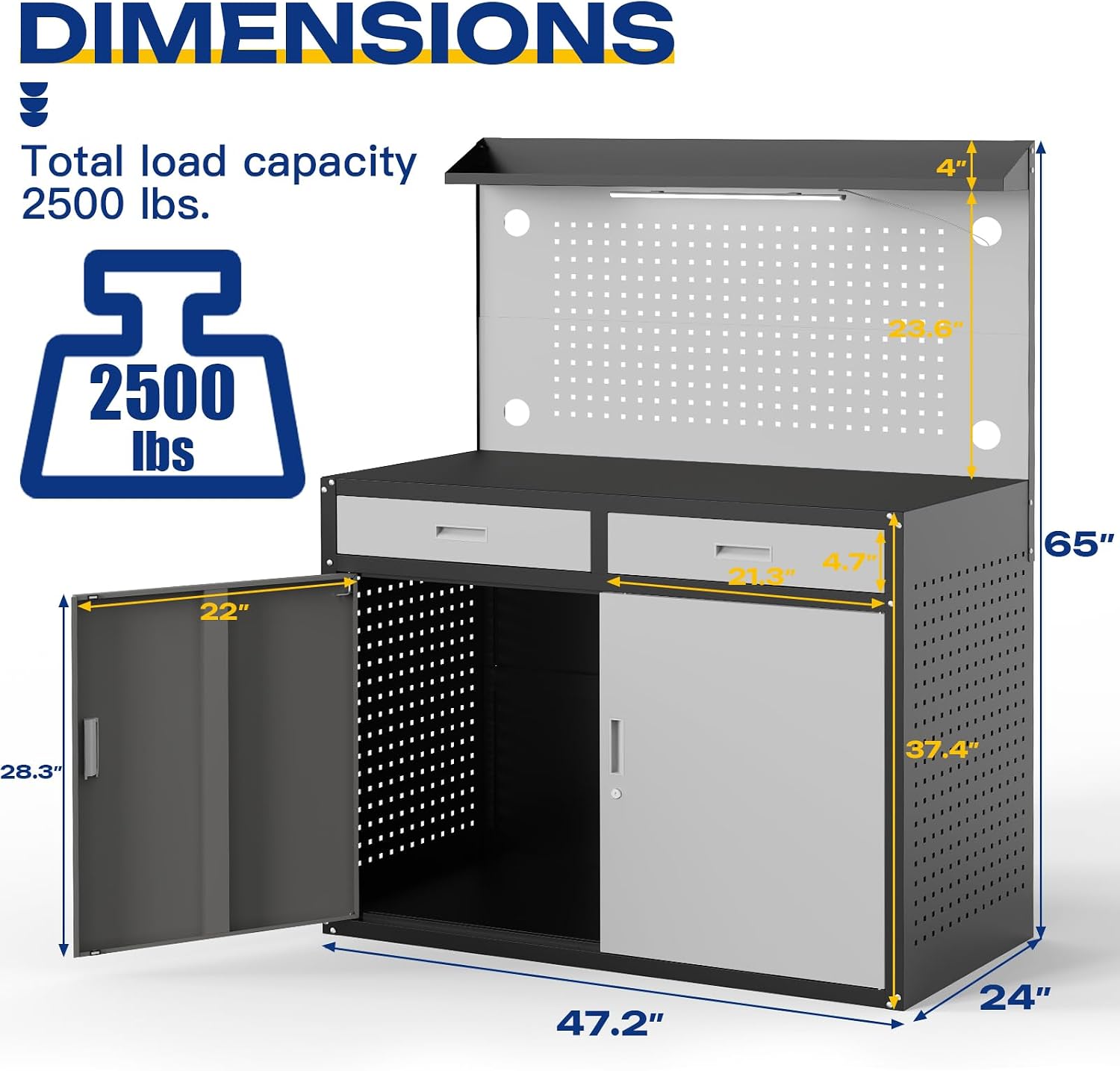 48 Inch Heavy Duty Storage Workbench with Light & Pegboard
