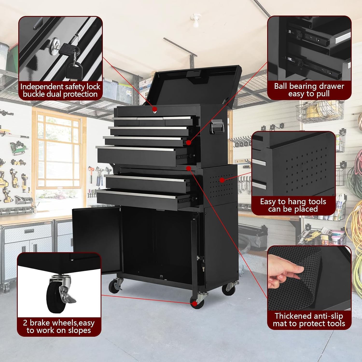Black 2-in-1 Rolling 8 Drawer Tool Chest