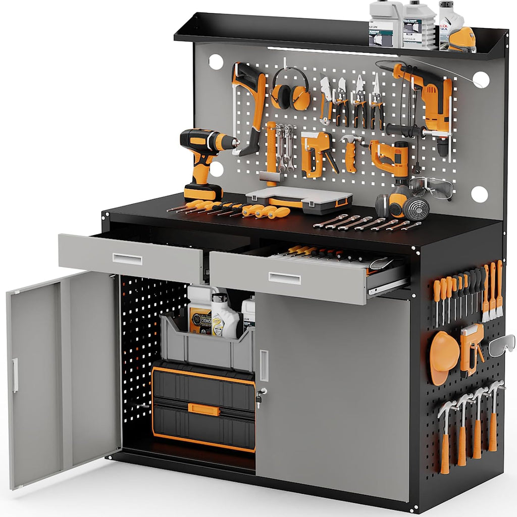 65 Inch Heavy Duty Storage Workbench with Pegboard & LED Light