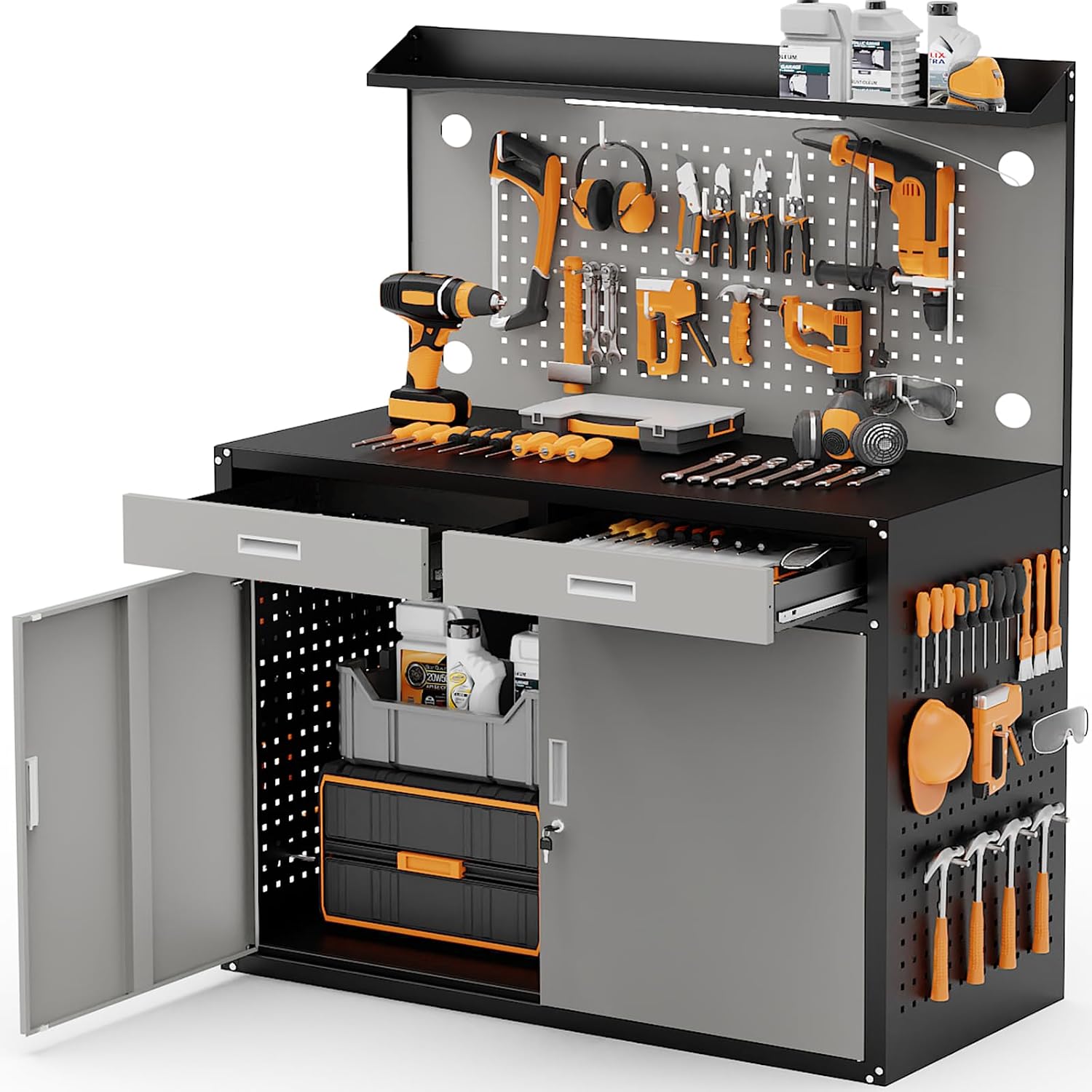 65 Inch Heavy Duty Storage Workbench with Pegboard & LED Light