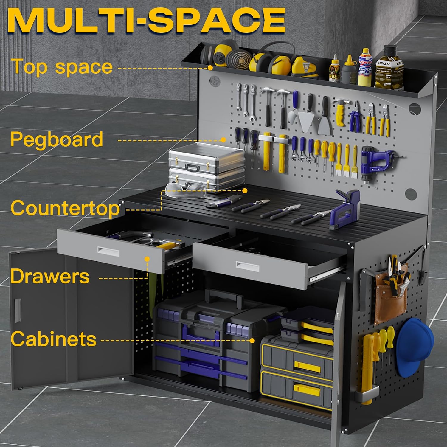 48 Inch Heavy Duty Storage Workbench with Light & Pegboard
