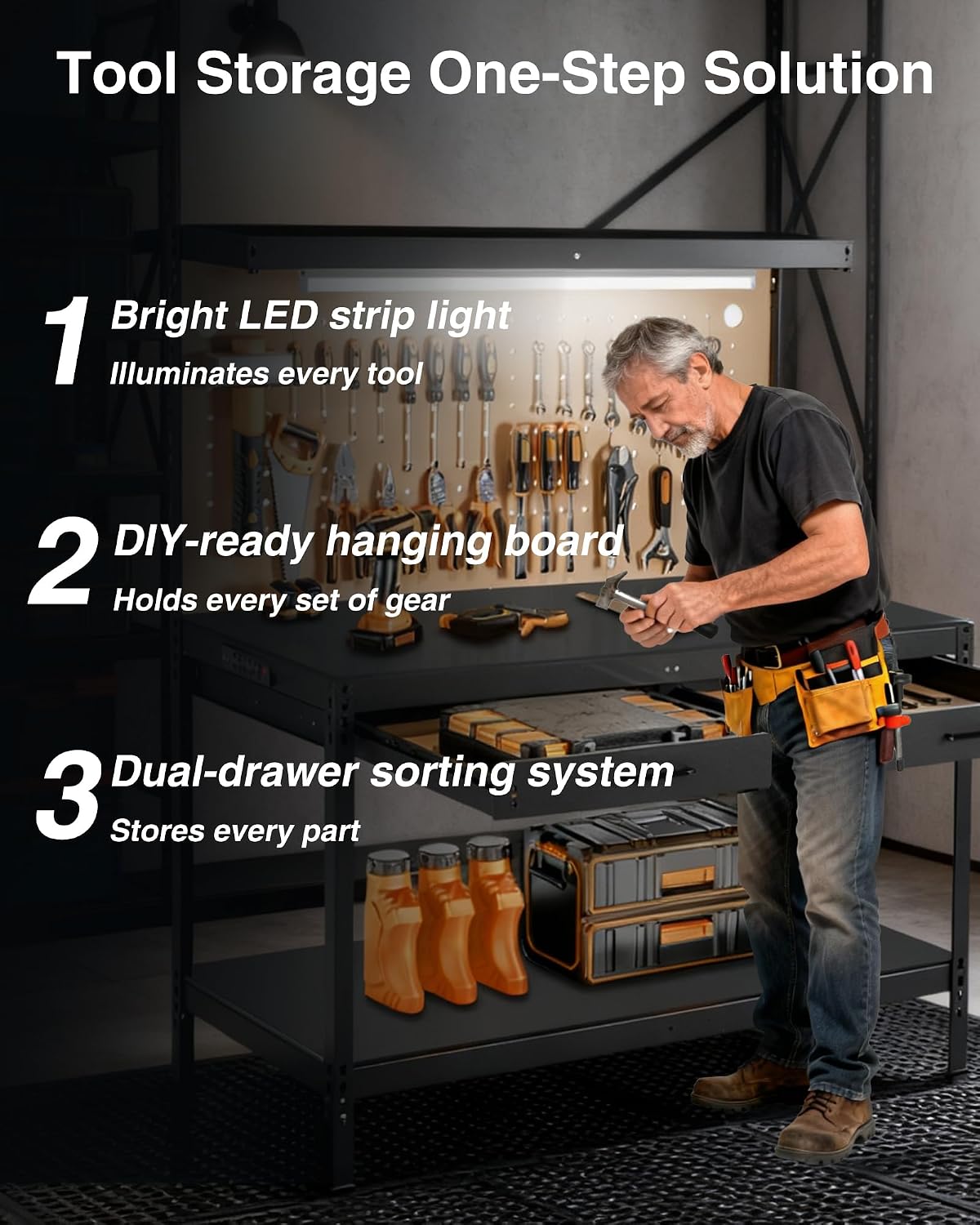 Heavy Duty Garage Workbench with Drawers & Pegboard