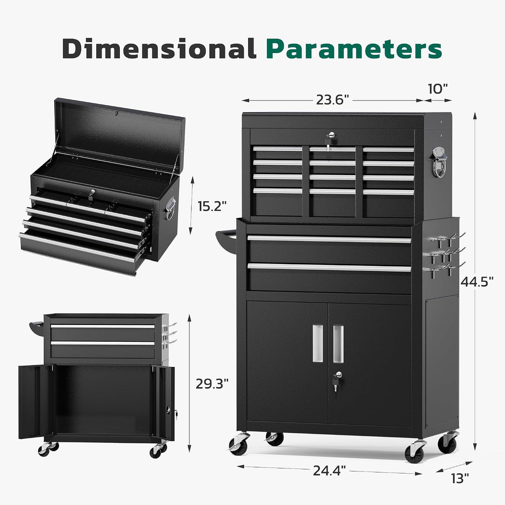 Black 2-in-1 Rolling 8 Drawer Tool Chest