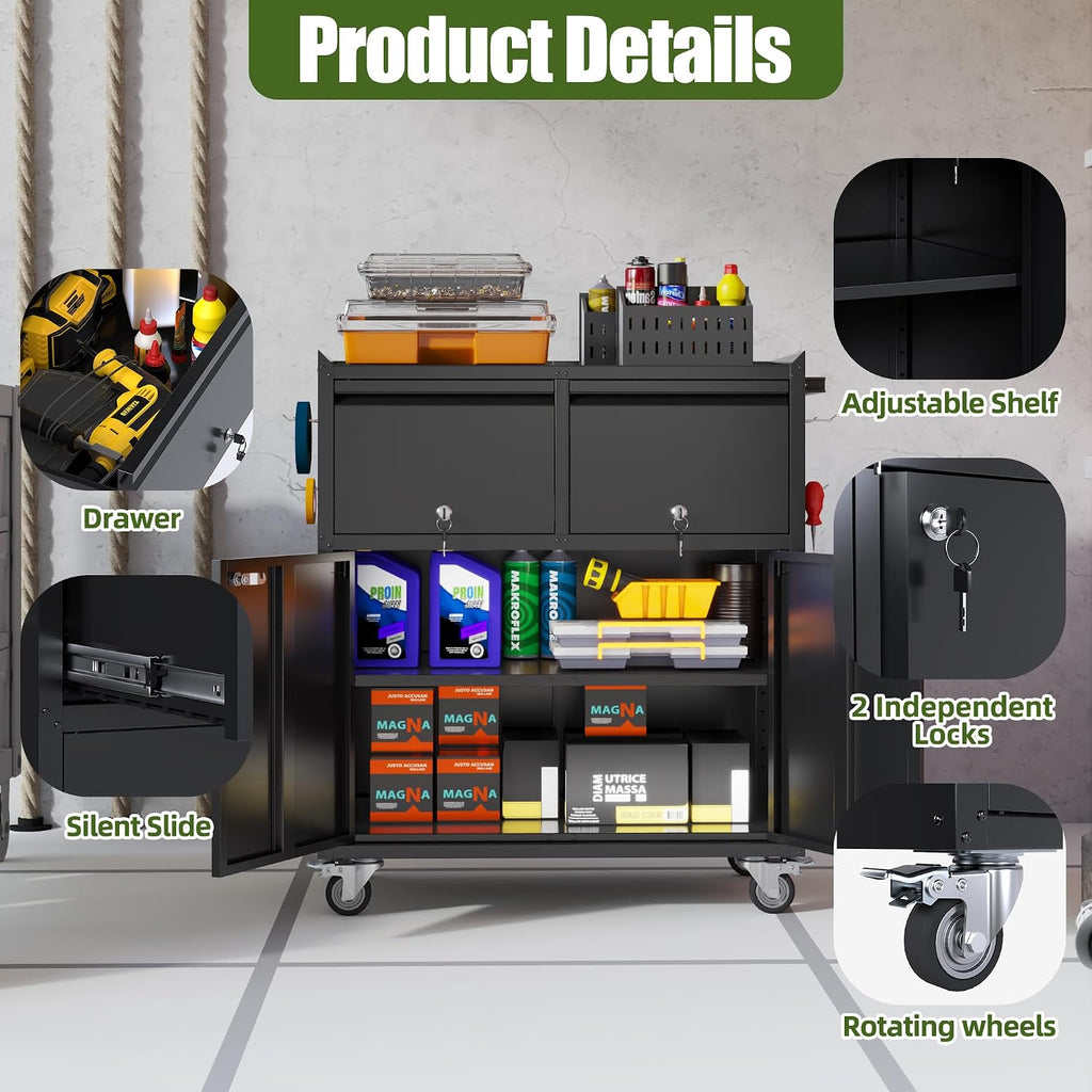 Rolling Black Lockable Garage Cabinet