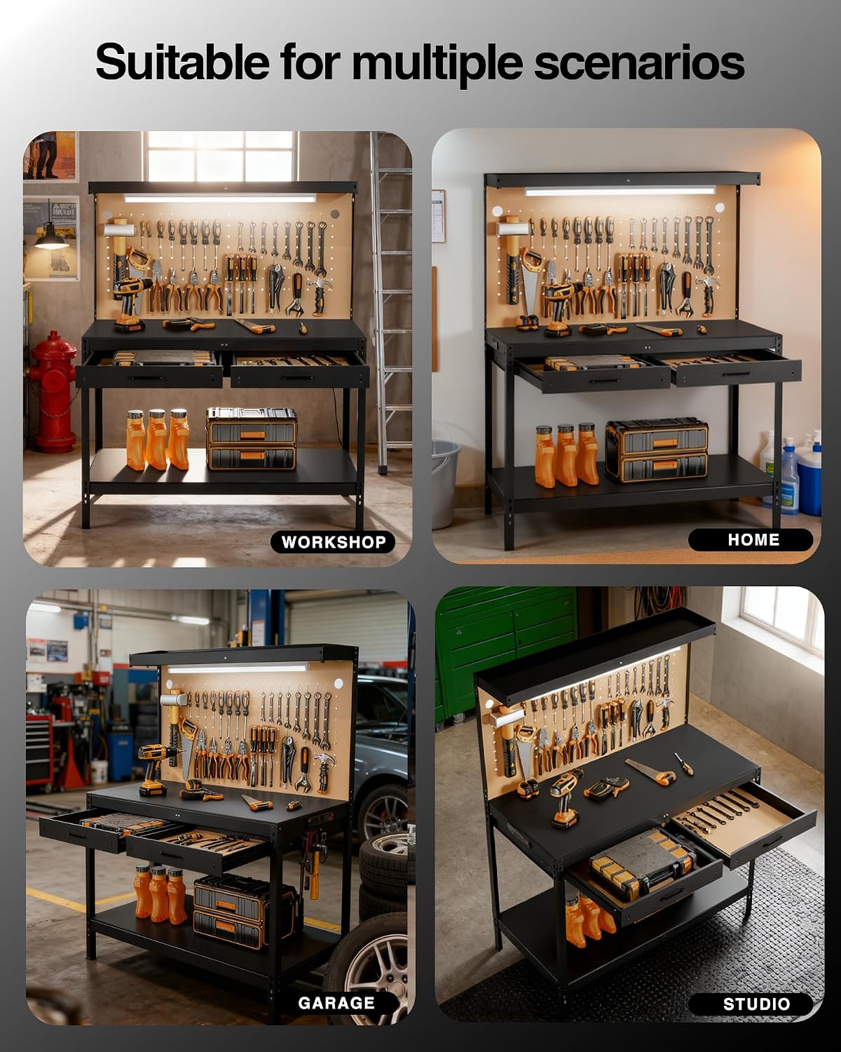 Heavy Duty Garage Workbench with Drawers & Pegboard