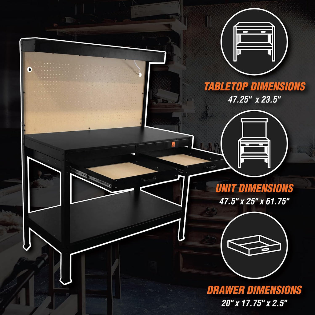 48 Inch Workbench with Power Outlets & Light, Black