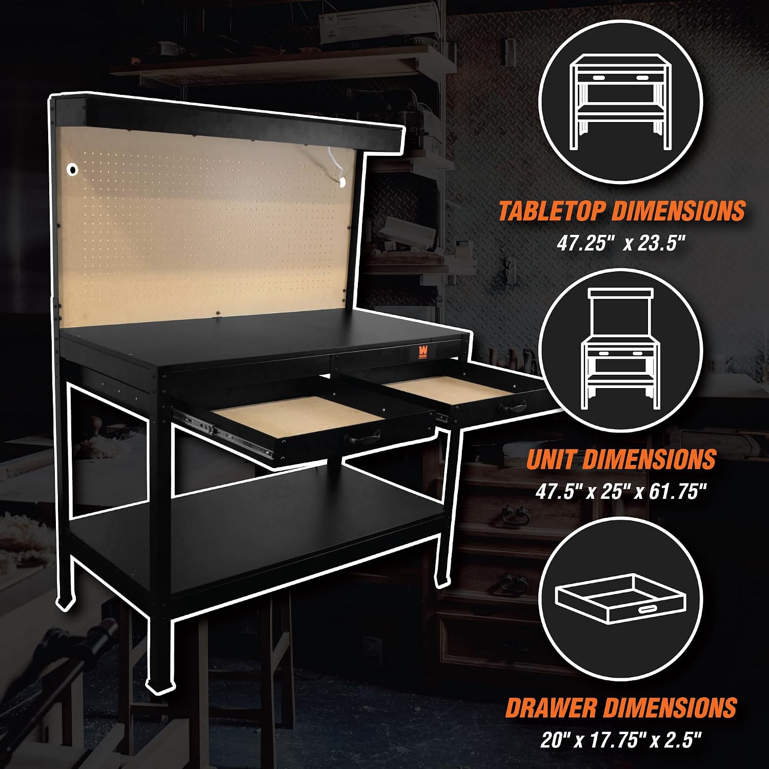 48 Inch Workbench with Power Outlets & Light, Black