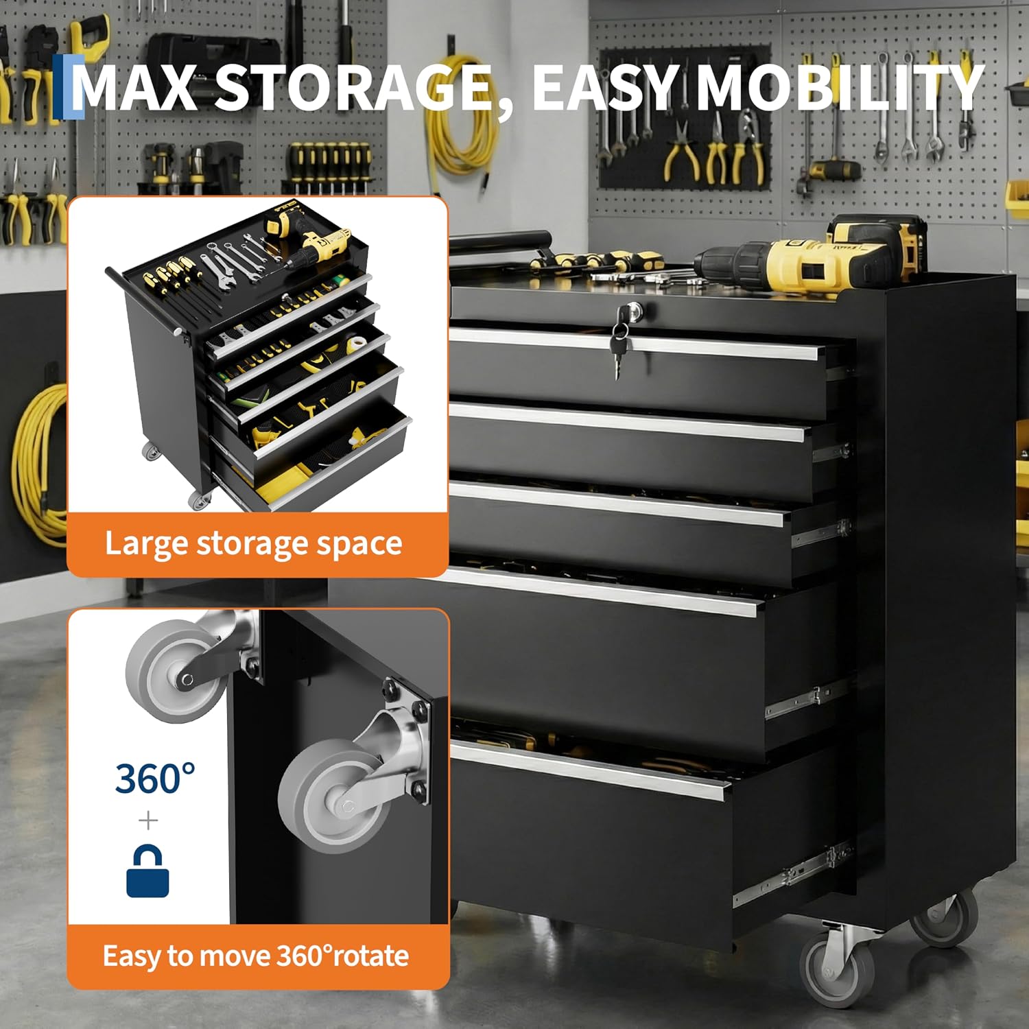 Rolling 5 Drawer Black Lockable Tool Chest