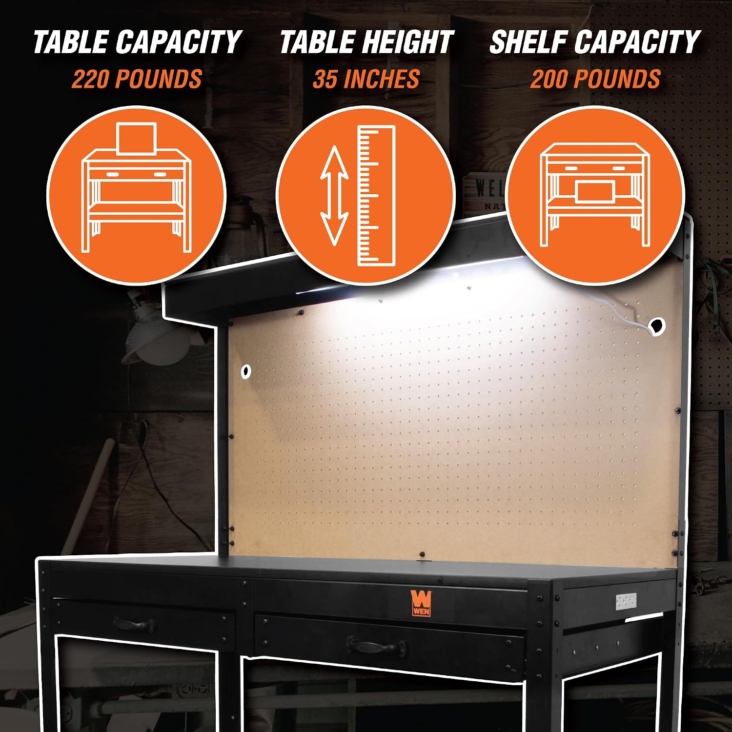 48 Inch Workbench with Power Outlets & Light, Black