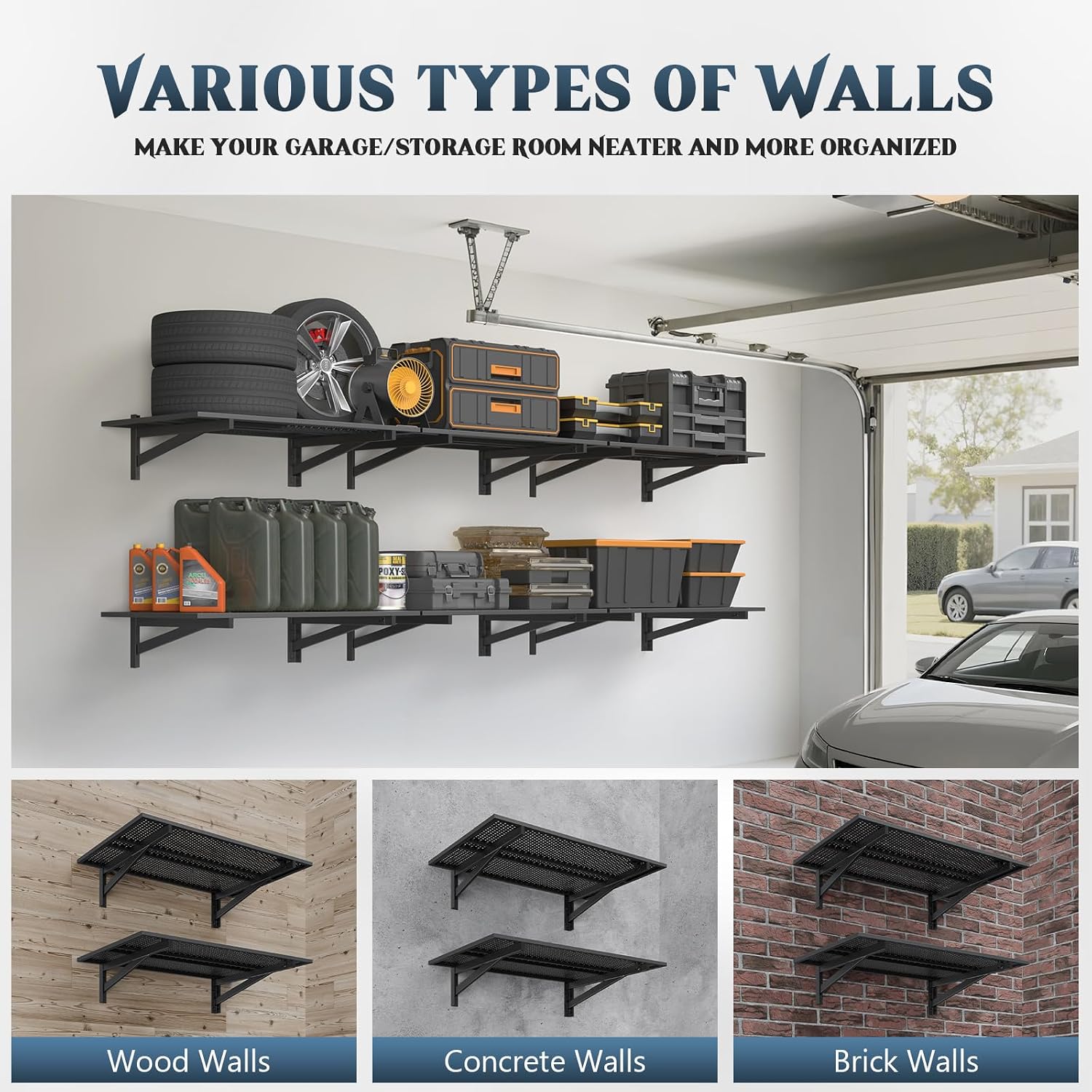 2 Pack Black Wall Mount Garage Floating Storage Shelves
