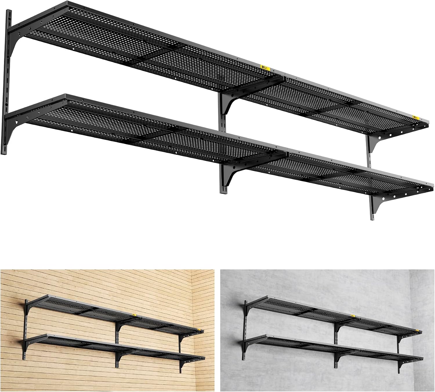 2pc Black 2-Tier Garage Wall Shelves