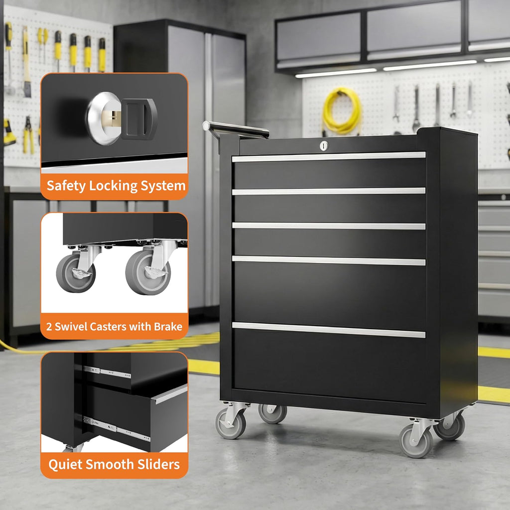 Rolling 5 Drawer Black Lockable Tool Chest