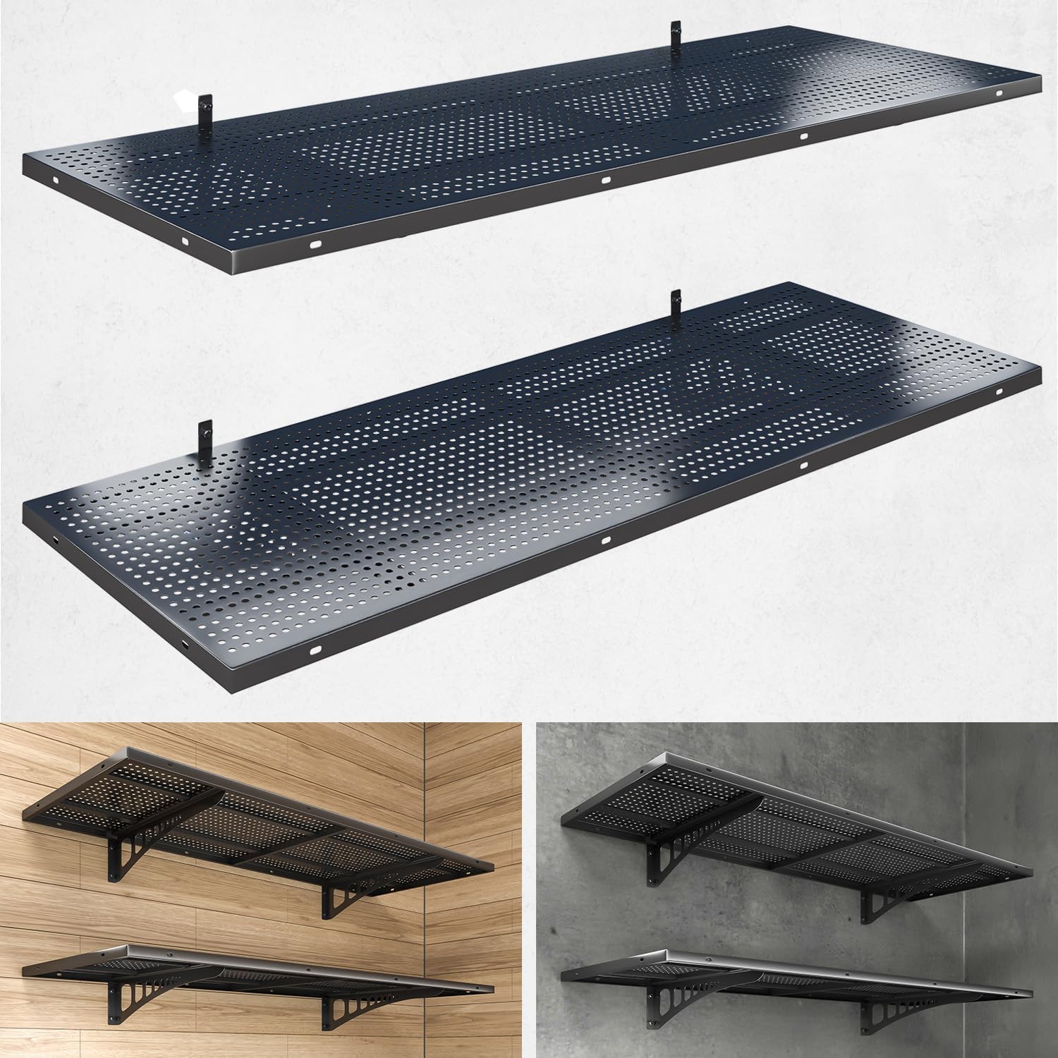 2pc Black Garage Wall Shelves with Hooks