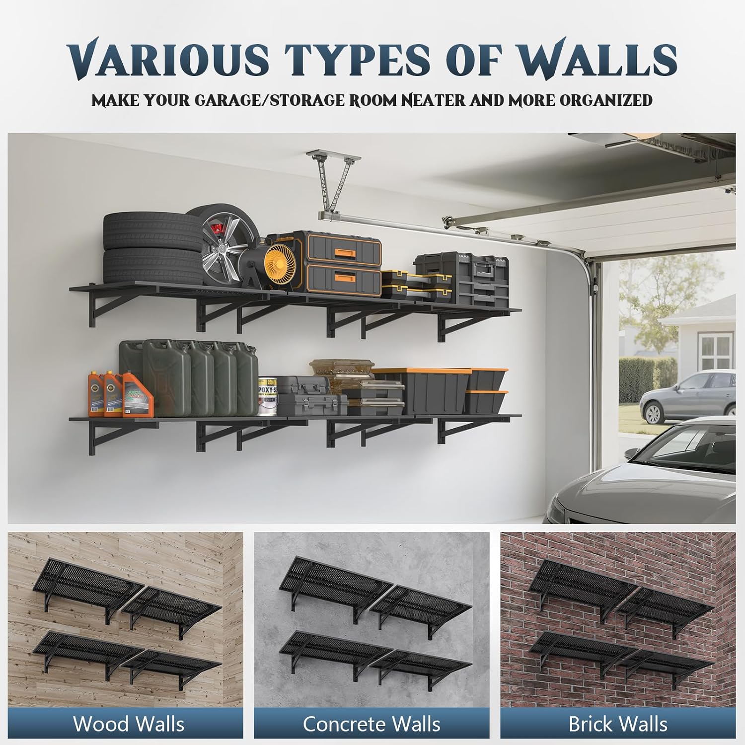 4pc Black Heavy Duty Garage Wall Shelves