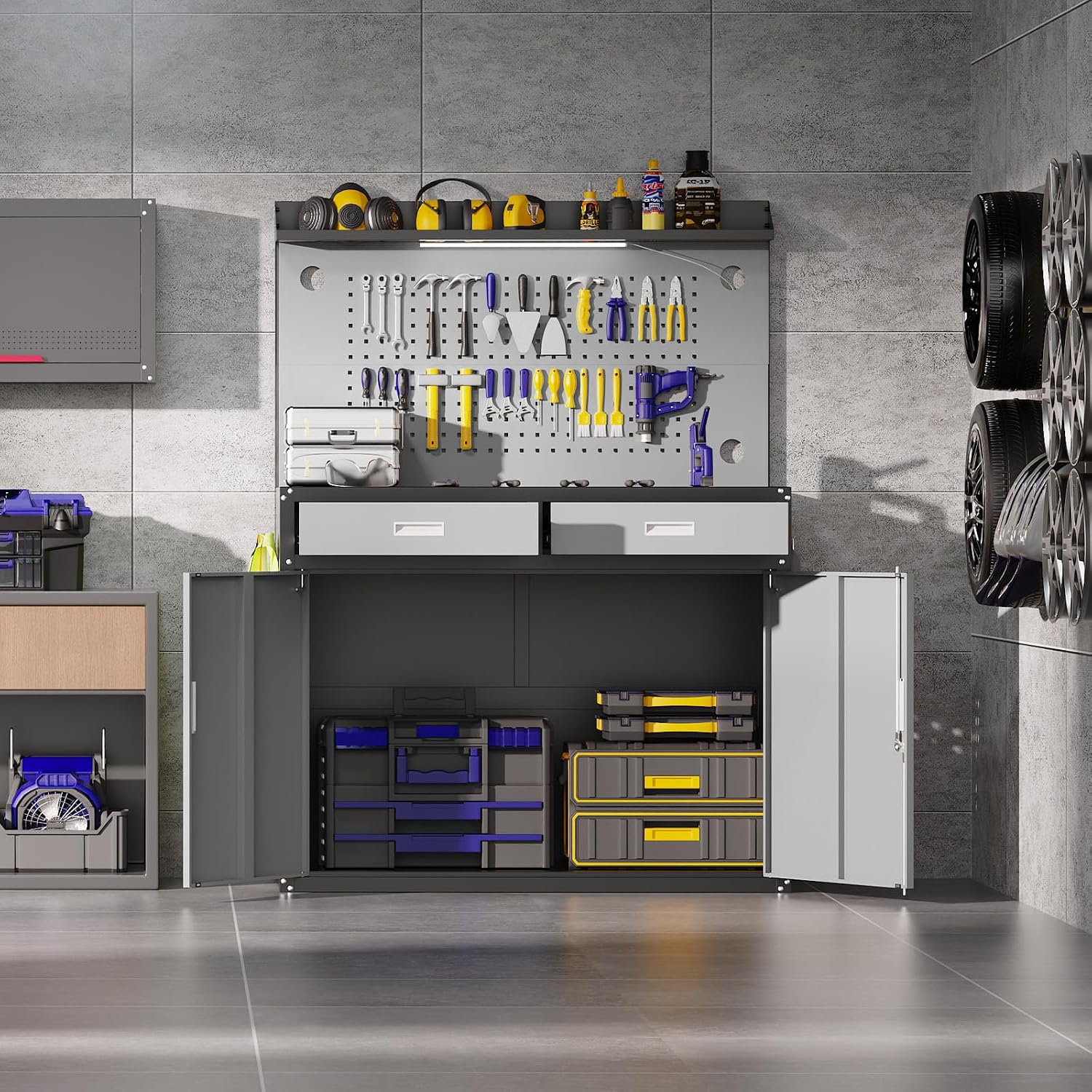 48 Inch Heavy Duty Storage Workbench with Light & Pegboard