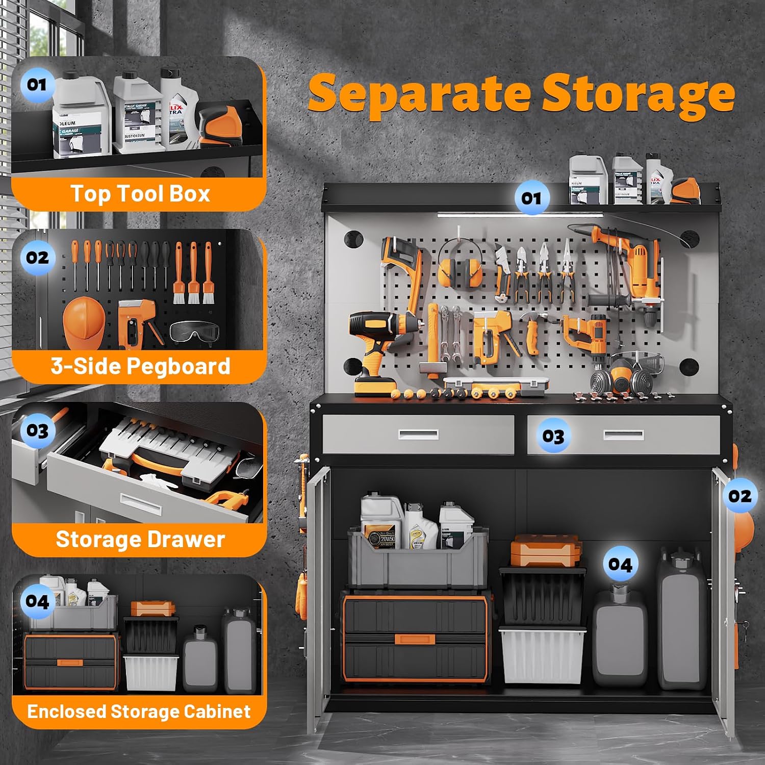 65 Inch Heavy Duty Storage Workbench with Pegboard & LED Light