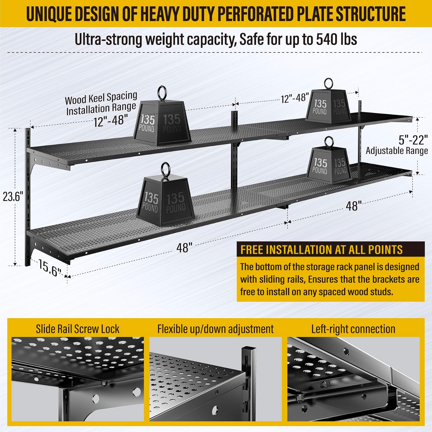 2pc Black 2-Tier Garage Wall Shelves