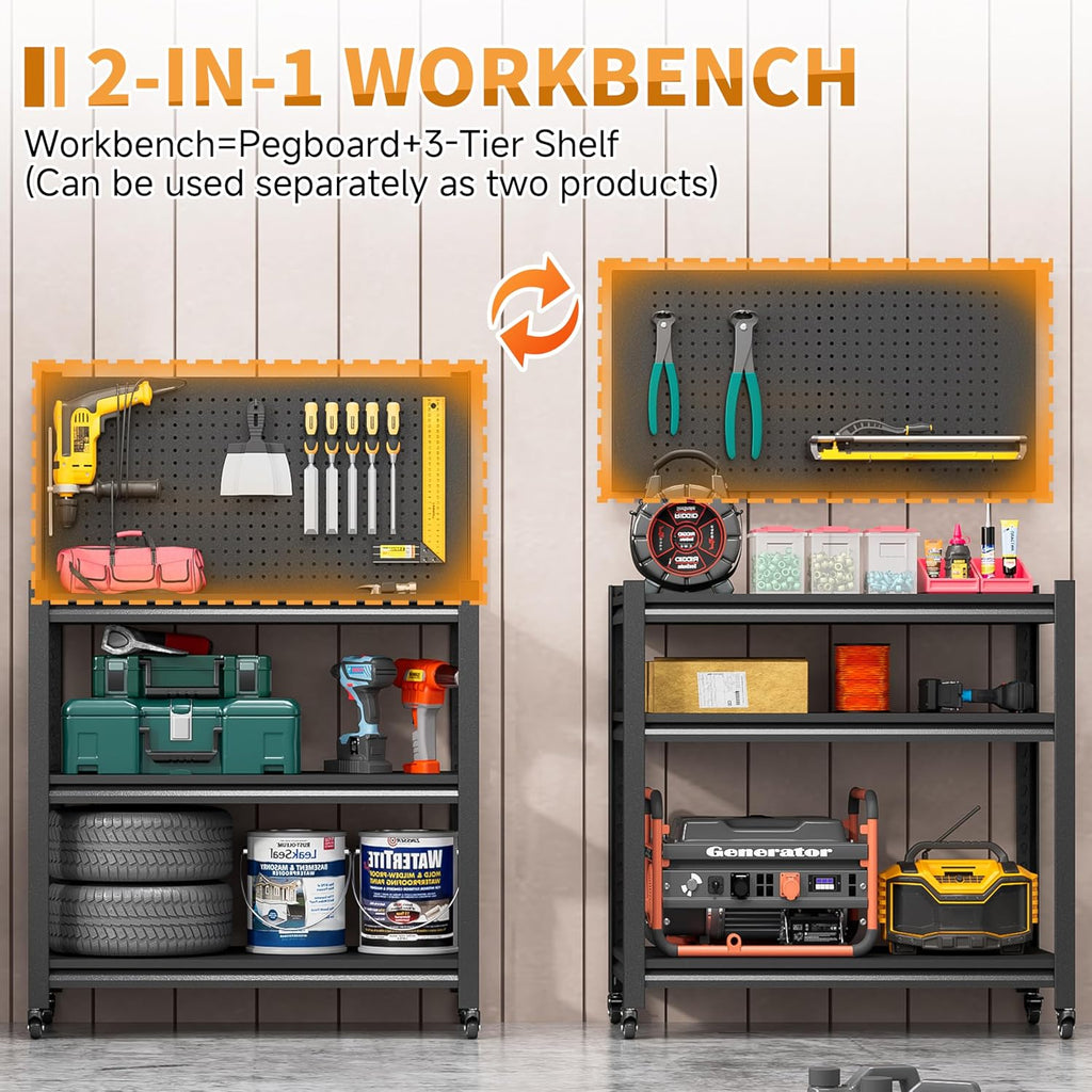 3-Tier Rolling Pegboard Metal Workbench