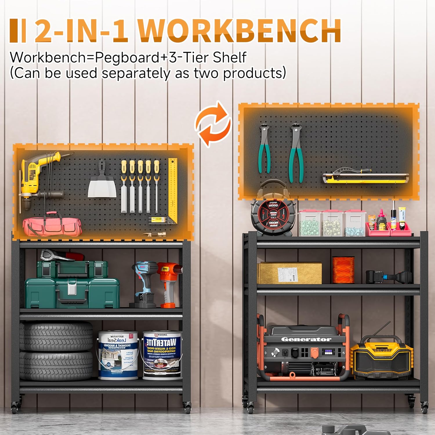 3-Tier Rolling Pegboard Metal Workbench