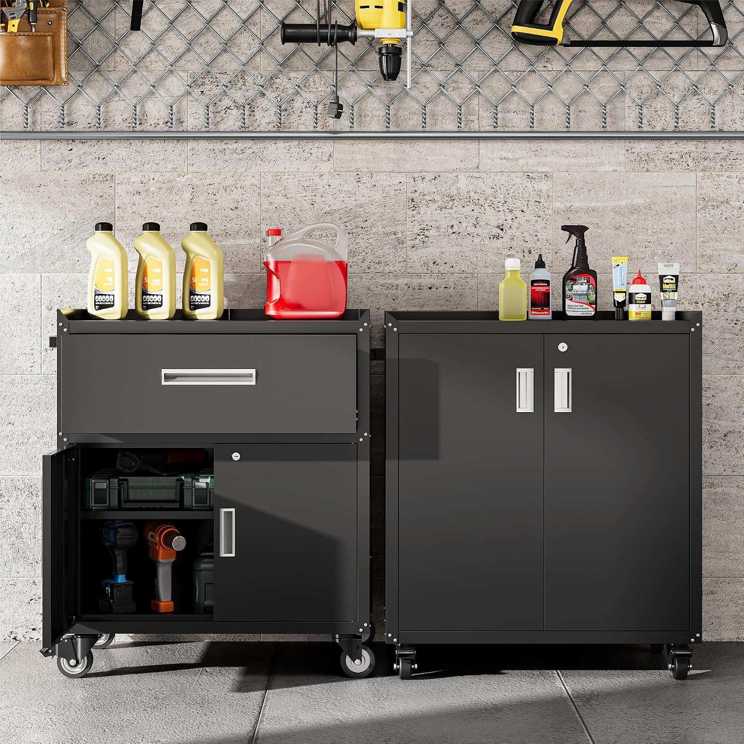 Black Rolling 2-Door Garage Storage Cabinet