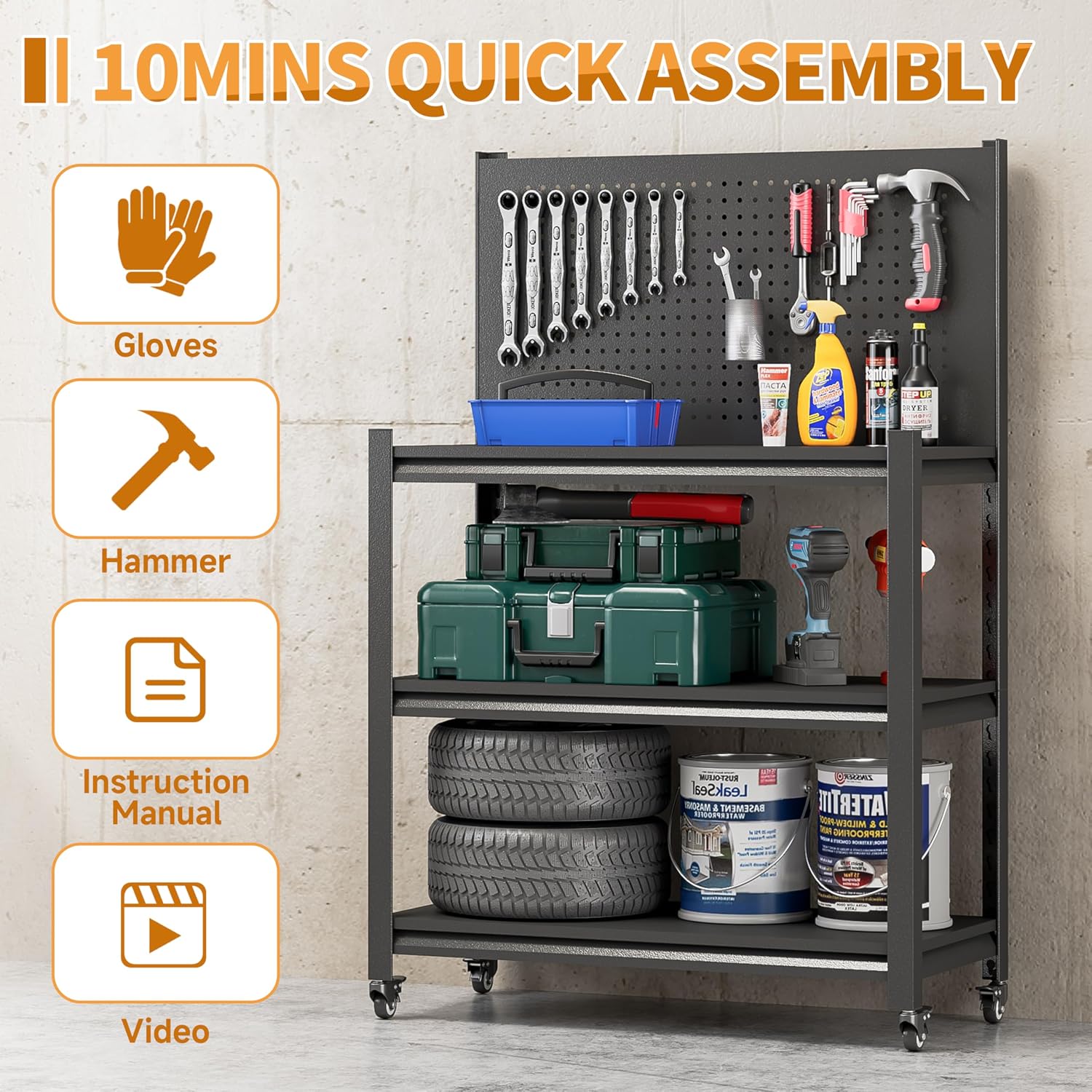 3-Tier Rolling Pegboard Metal Workbench